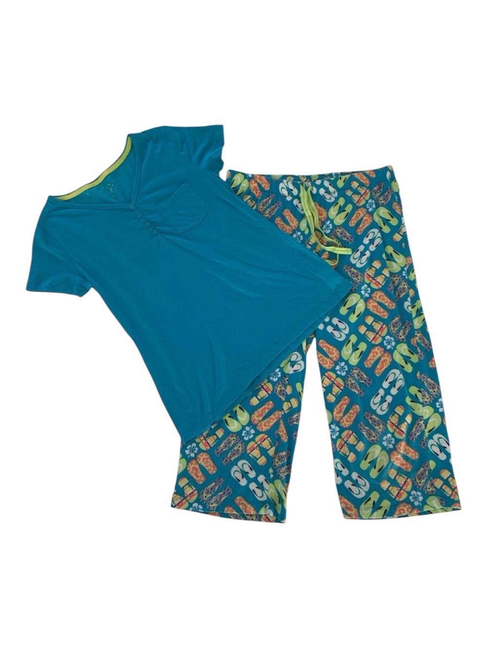 New Directions Beach Flip Flop Print Capri PJ Set Size S Small Blue 2pc Pajamas